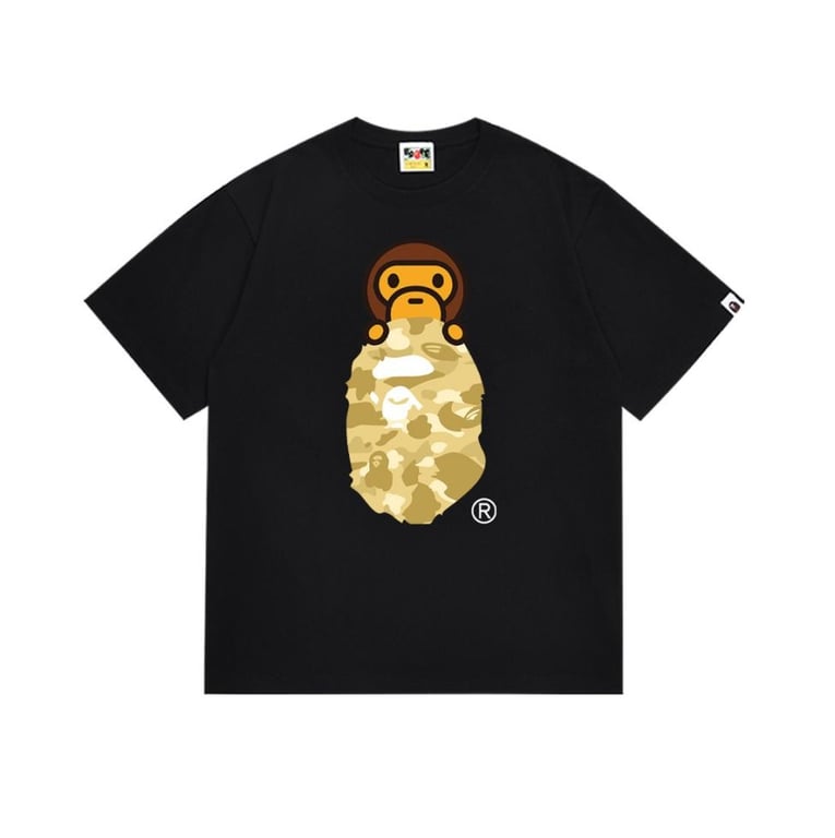 Black BAPE T-Shirt with Beige Camo Ape Head and Baby Milo