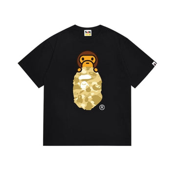Black BAPE T-Shirt with Beige Camo Ape Head and Baby Milo