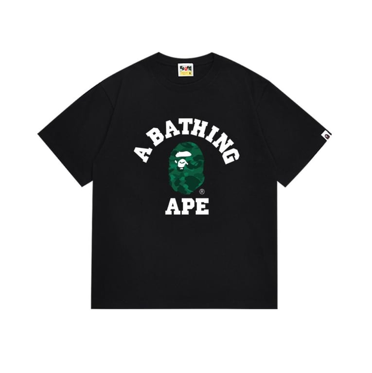 Black BAPE T-Shirt with Green Camo Ape Head and "A BATHING APE" College Logo