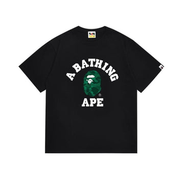 Black BAPE T-Shirt with Green Camo Ape Head and "A BATHING APE" College Logo