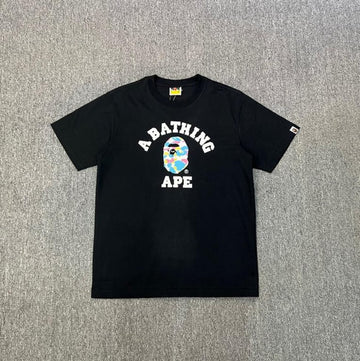 Black BAPE T-Shirt with Multicolor Camo College Logo