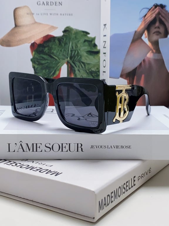 Burberry Black Square Sunglasses with Gold TB Logo Temples