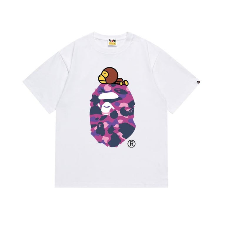 White BAPE T-Shirt with Pink Camo Ape Head and Baby Milo Print
