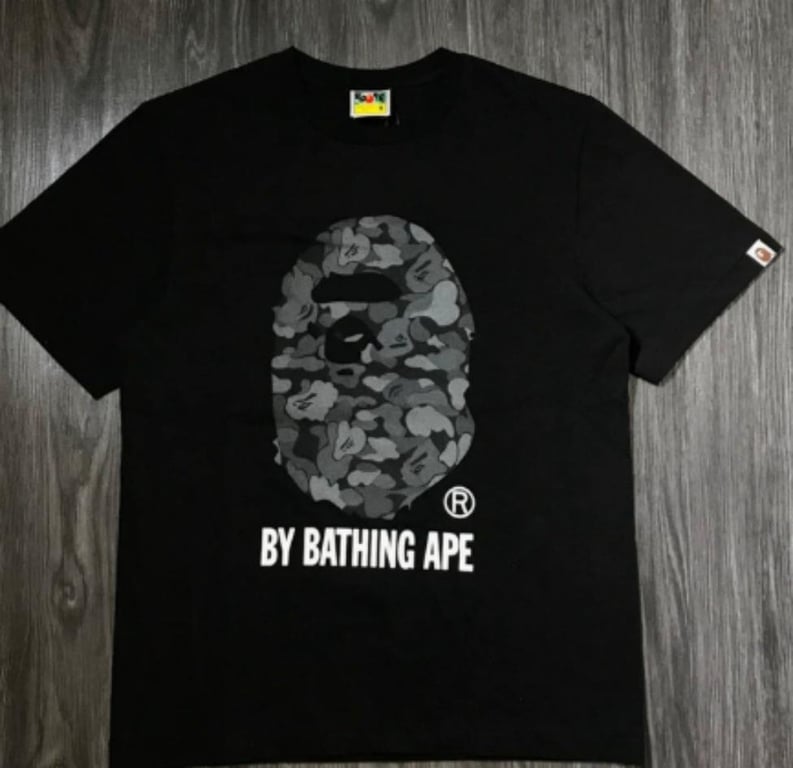 Black BAPE T-Shirt with Grey Camo Ape Head and "BY BATHING APE" Logo