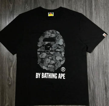Black BAPE T-Shirt with Grey Camo Ape Head and "BY BATHING APE" Logo