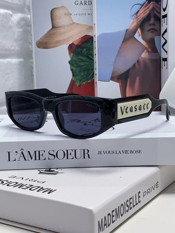 Versace Black Rectangular Sunglasses with Logo Plate Temples