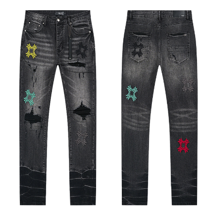 Black Washed Distressed Denim Jeans with Multicolor Star Patches