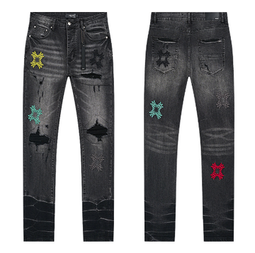 Black Washed Distressed Denim Jeans with Multicolor Star Patches