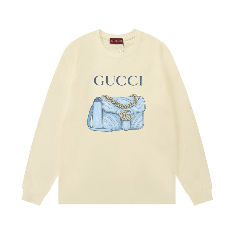 Gucci accessible luxury bag with logo lettering, long-sleeved shirt