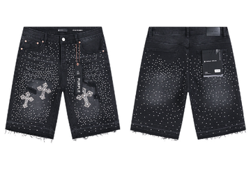 Black Washed Denim Shorts with All-Over Rhinestone Studded Trim and Cross Motifs
