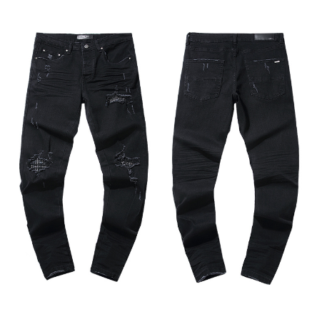 Black Denim Jeans with Rhinestone Mesh Lined Distressing