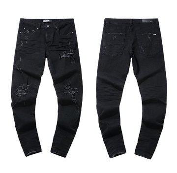Black Denim Jeans with Rhinestone Mesh Lined Distressing