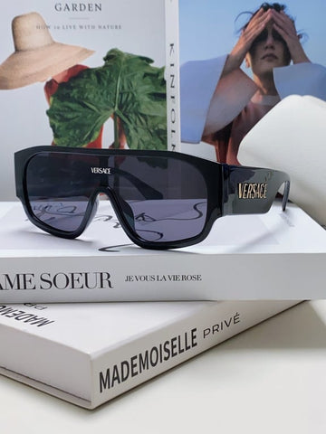 Versace Black Shield Sunglasses with Gold Lettering Temples