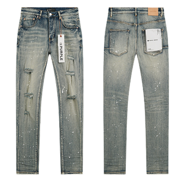 Light Blue Washed Slim Denim Jeans with Paint Splatter and Multi-Layer Distressing