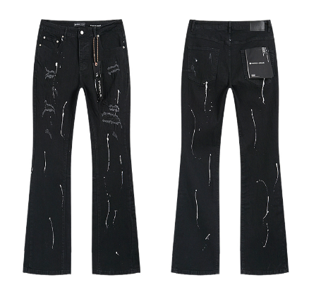 Black Flared Denim Jeans with White Paint Streaks and Heavy Distressing