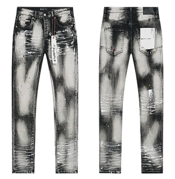Black Washed Slim Denim Jeans with Multicolor Paint Splatter and Heavy Distressing