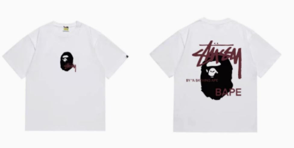 White BAPE x Stüssy Collab Logo T-Shirt (Front & Back)