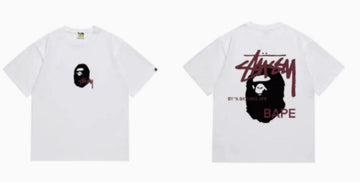 White BAPE x Stüssy Collab Logo T-Shirt (Front & Back)