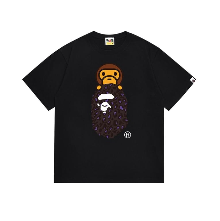Black BAPE T-Shirt with Purple Leopard Print Ape Head and Baby Milo