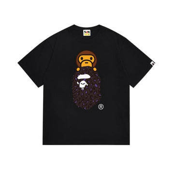 Black BAPE T-Shirt with Purple Leopard Print Ape Head and Baby Milo