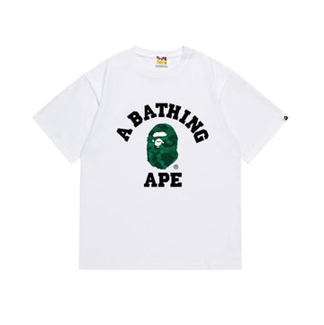 White BAPE T-Shirt with Green Camo Ape Head and "A BATHING APE" College Logo