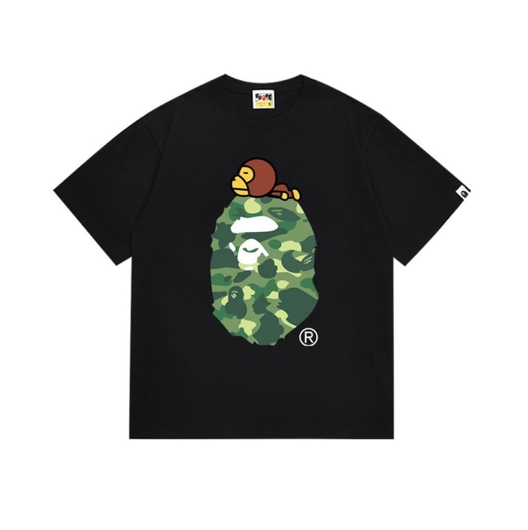 Black BAPE T-Shirt with Green Camo Ape Head and Baby Milo Print