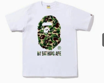 White BAPE T-Shirt with Green Camo Ape Head and "BY BATHING APE" Logo
