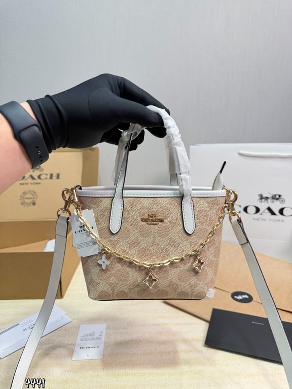 Mini City Tote Bag with Clover Charm (Beige Signature Canvas)
