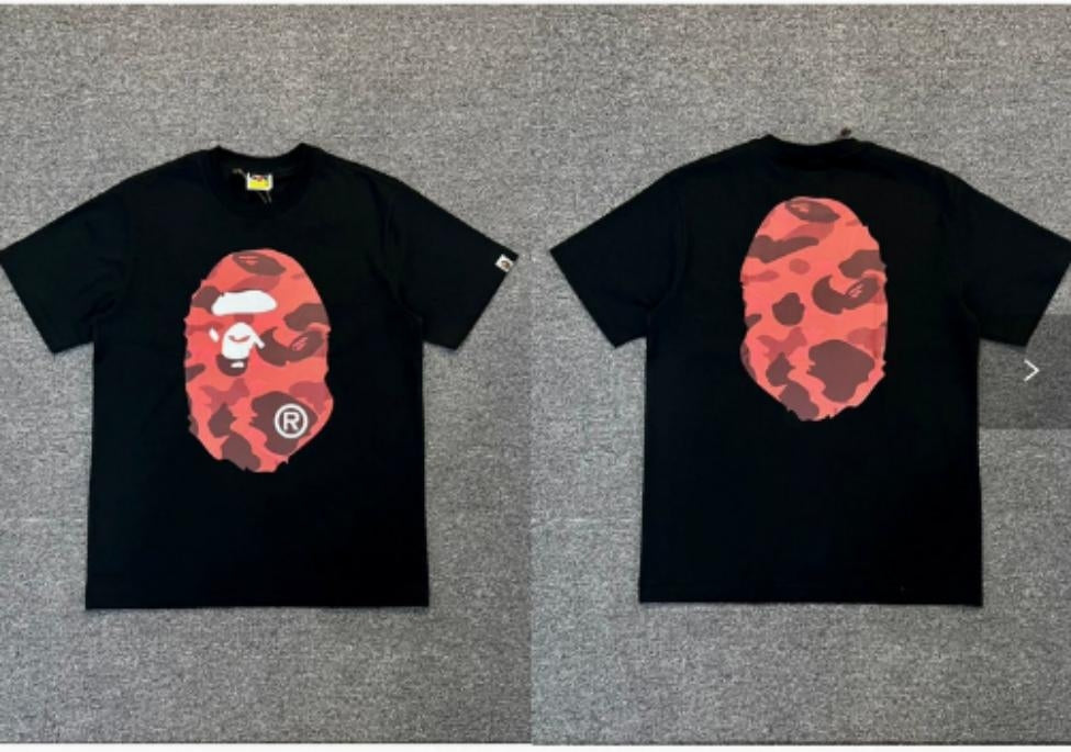 Black BAPE T-Shirt with Red Camo Ape Head (Front & Back)