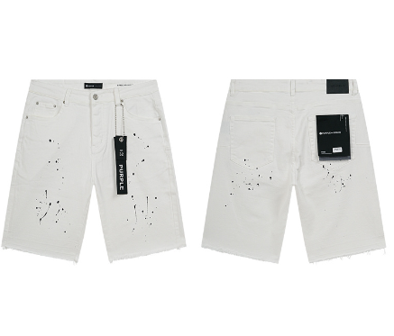 White Denim Shorts with Black Paint Splatter and Raw Hem