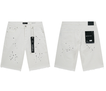White Denim Shorts with Black Paint Splatter and Raw Hem