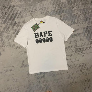 White BAPE T-Shirt with "BAPE" and Ape Head Icons Print