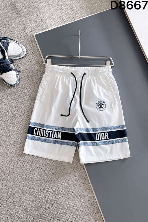 Dior White Swim Shorts with Christian Dior Stripe and Logo Patch
