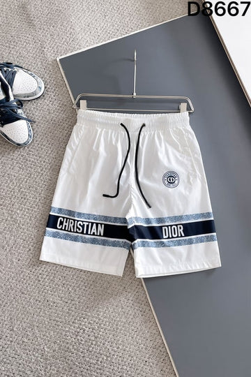 Dior White Swim Shorts with Christian Dior Stripe and Logo Patch
