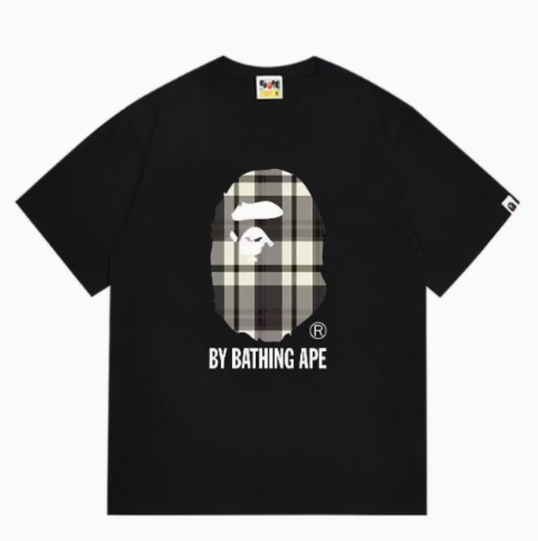Black BAPE Plaid Pattern Ape Head T-Shirt
