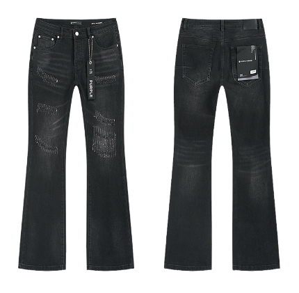 Black Washed Flared Denim Jeans with Rhinestone Mesh Lined Knee Distressing
