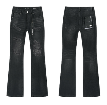 Black Washed Flared Denim Jeans with Rhinestone Mesh Lined Knee Distressing