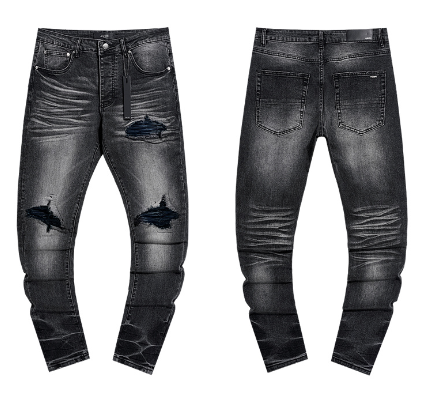 Grey Washed Denim Jeans with Blue Lined Distressing