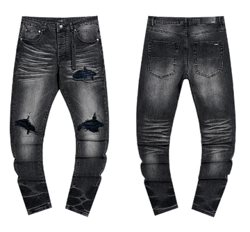 Grey Washed Denim Jeans with Blue Lined Distressing