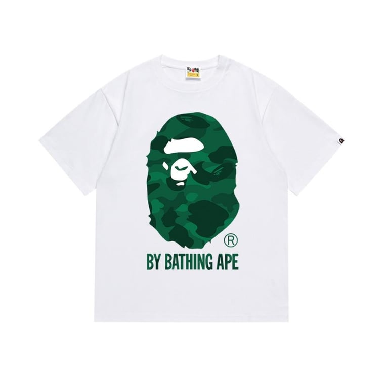 White BAPE T-Shirt with Green Camo Ape Head and "BY BATHING APE" Logo
