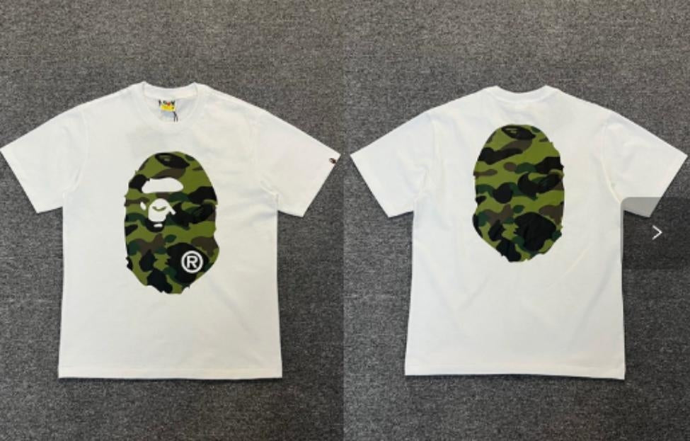 White BAPE T-Shirt with Classic Green Camo Ape Head (Front & Back)