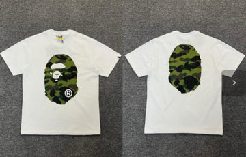 White BAPE T-Shirt with Classic Green Camo Ape Head (Front & Back)