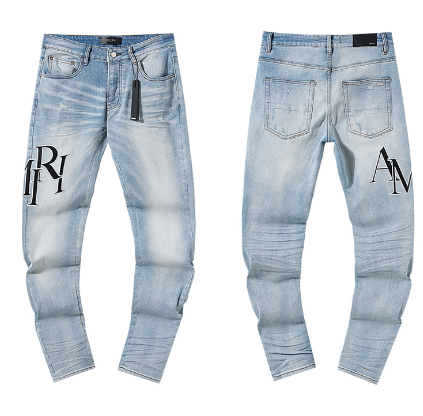 Light Blue Washed Denim Jeans with Black AMIRI Logo