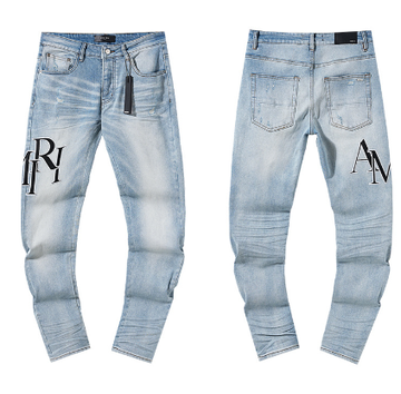 Light Blue Washed Denim Jeans with Black AMIRI Logo