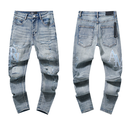 Light Blue Washed Denim Jeans with Light Blue AMIRI Logo and Distressing