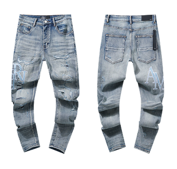 Light Blue Washed Denim Jeans with Light Blue AMIRI Logo and Distressing