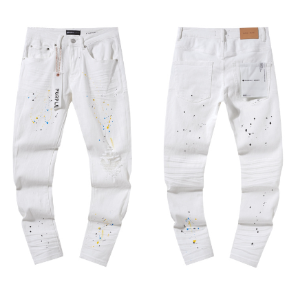 White Slim Denim Jeans with Multicolor Paint Splatter and Knee Distressing