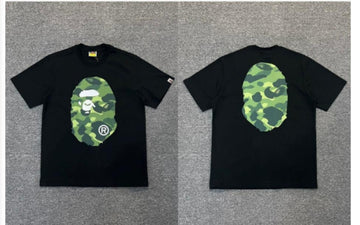 Black BAPE T-Shirt with Green Camo Ape Head (Front & Back)