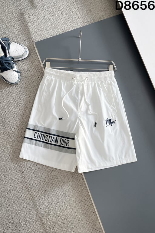 Dior White Swim Shorts with Christian Dior Text and Graffiti Logo