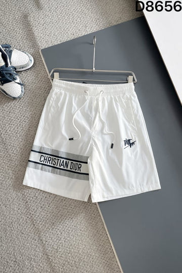 Dior White Swim Shorts with Christian Dior Text and Graffiti Logo